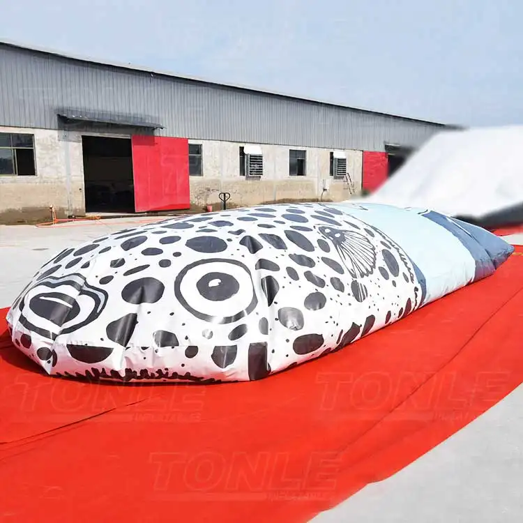 8x4m inflatable fish jump bag with black and white spotted pattern on red ground