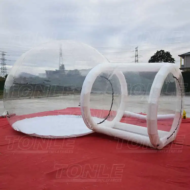 Transparent 5m inflatable lawn tent with white frame and attached 2m tunnel aisle on red ground