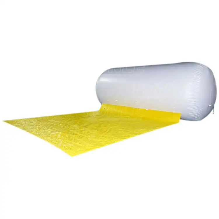 White 6x3x3m inflatable helium balloon with yellow 5x4.5m banner attached