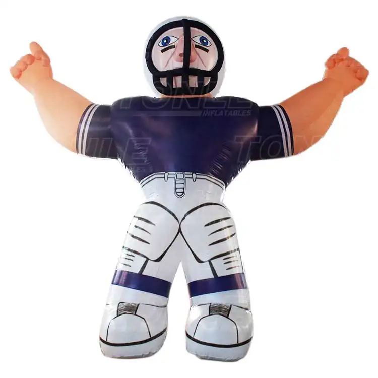 6m tall inflatable rugby player with navy jersey and white helmet raising arms