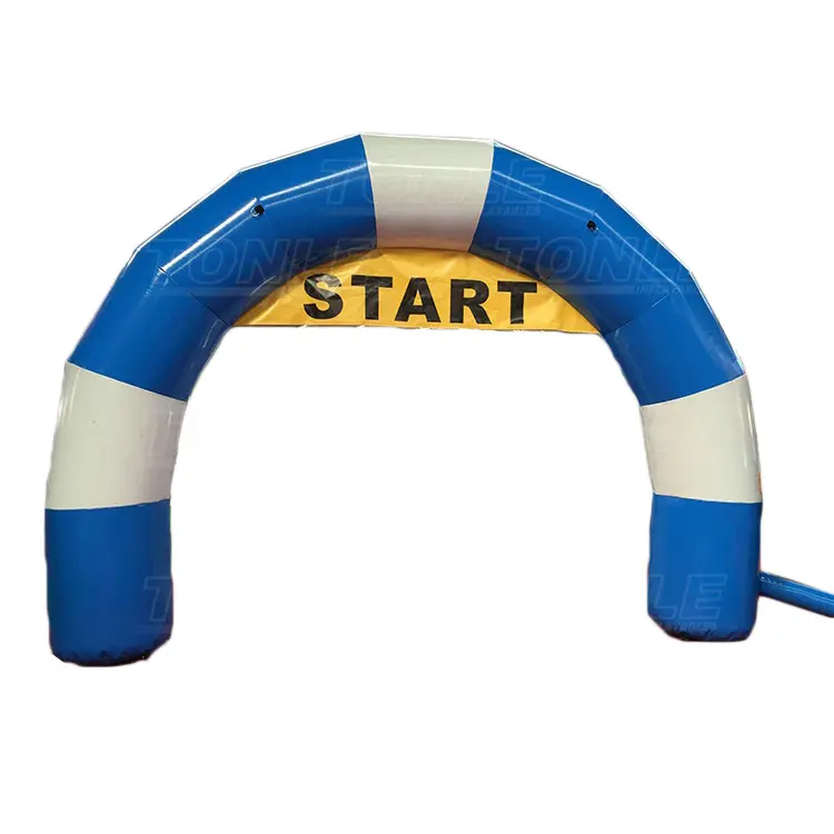 Blue and white striped inflatable start arch with yellow center panel measuring 6 meters wide