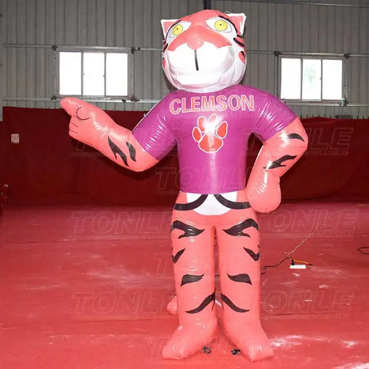 2.4m tall inflatable tiger mascot wearing purple Clemson jersey with orange paw print