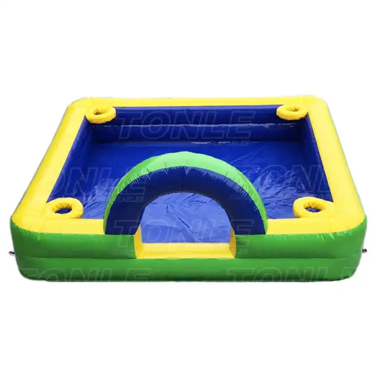 Blue, yellow, and green 4.5m inflatable ball pit with arched entrance
