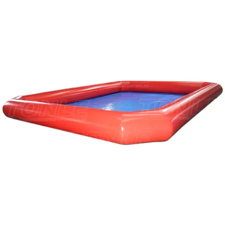 Red and blue 10x8m inflatable water pool side view
