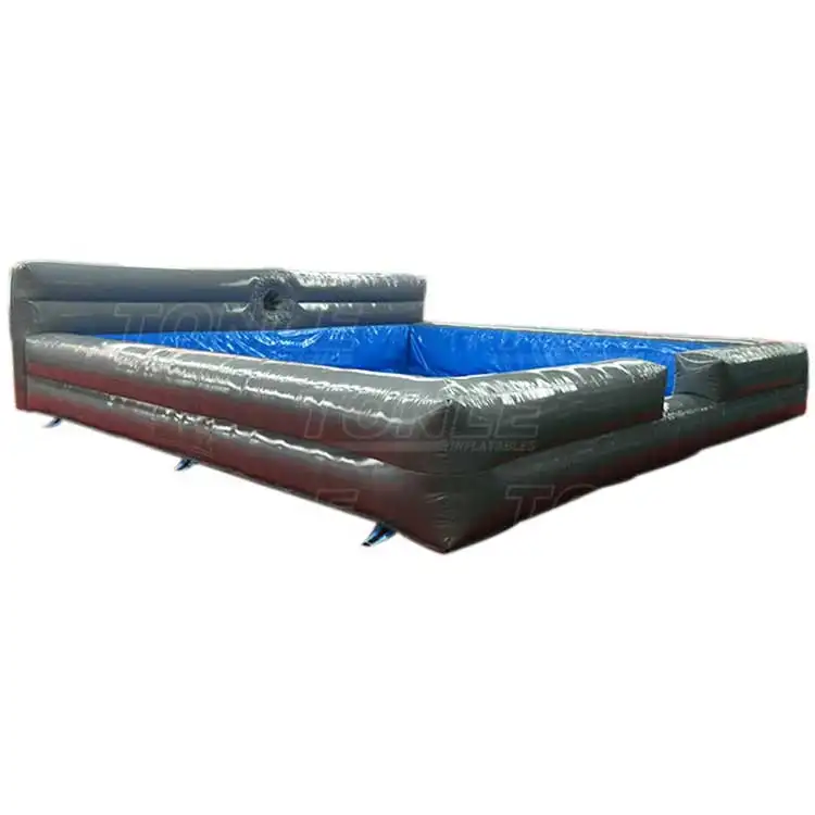 Gray and blue 7x7m inflatable foam pit with high back wall