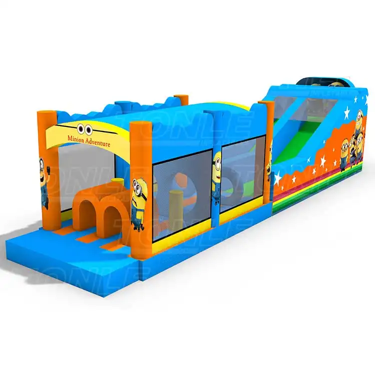 15m Minions themed inflatable obstacle course with blue and orange panels, crawl tunnels, and rear slide