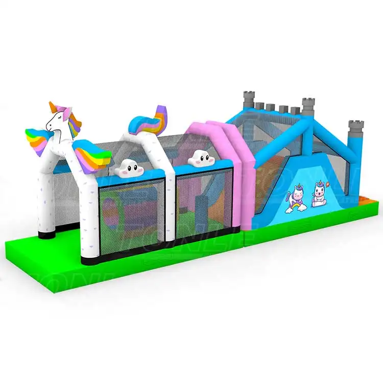 Rainbow Unicorn Themed Obstacle inflatable with white unicorn head entrance and green base