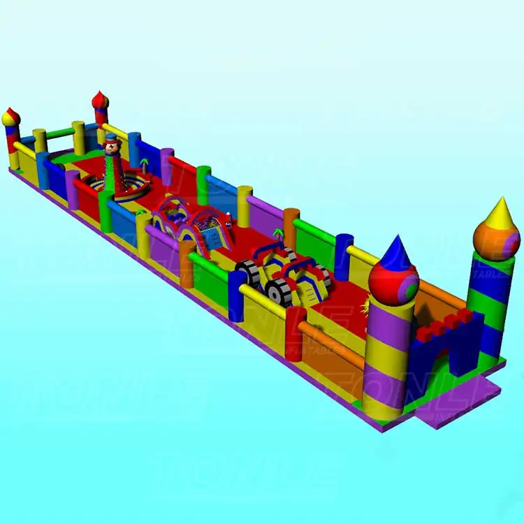 50m Clown Truck inflatable obstacle course with colorful turrets and vehicle obstacles