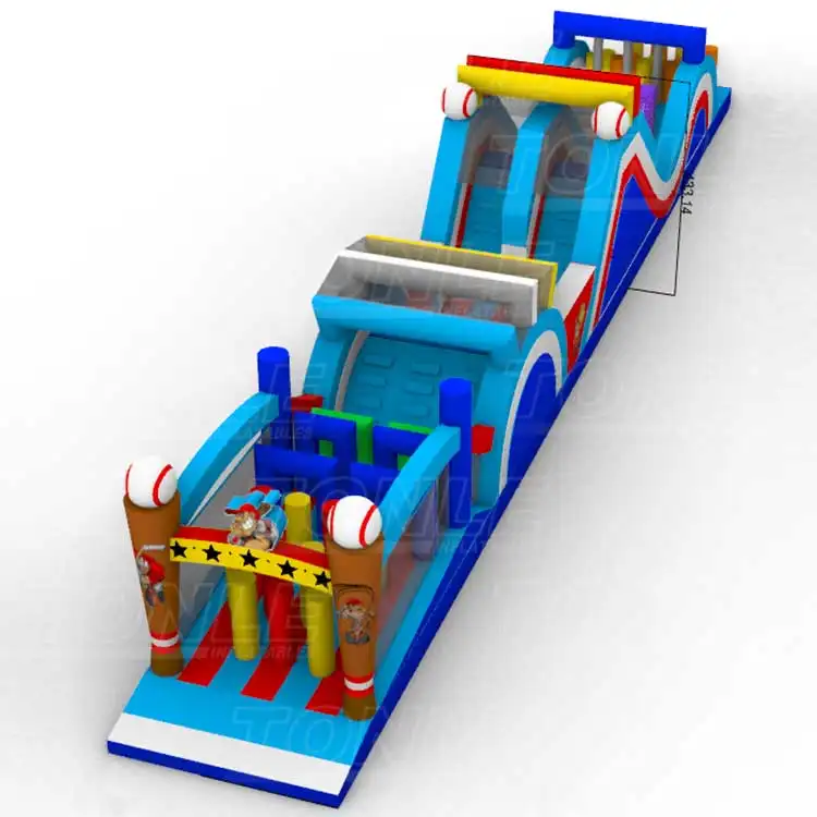 Blue baseball themed inflatable obstacle course with bat pillars and ball accents measuring 25 meters