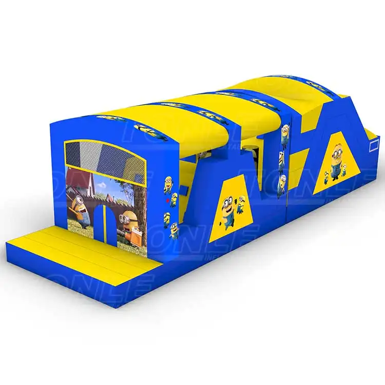 Blue and yellow Minions themed inflatable obstacle course 12m long with tunnel entrance