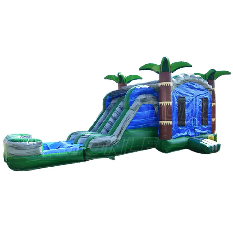 Colorful tropical jungle bounce house double slide with pool combo — photo 1