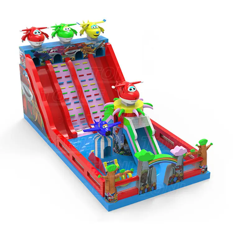 Red and blue airplane themed inflatable playground with dual slides and climbing walls measuring 16x8m
