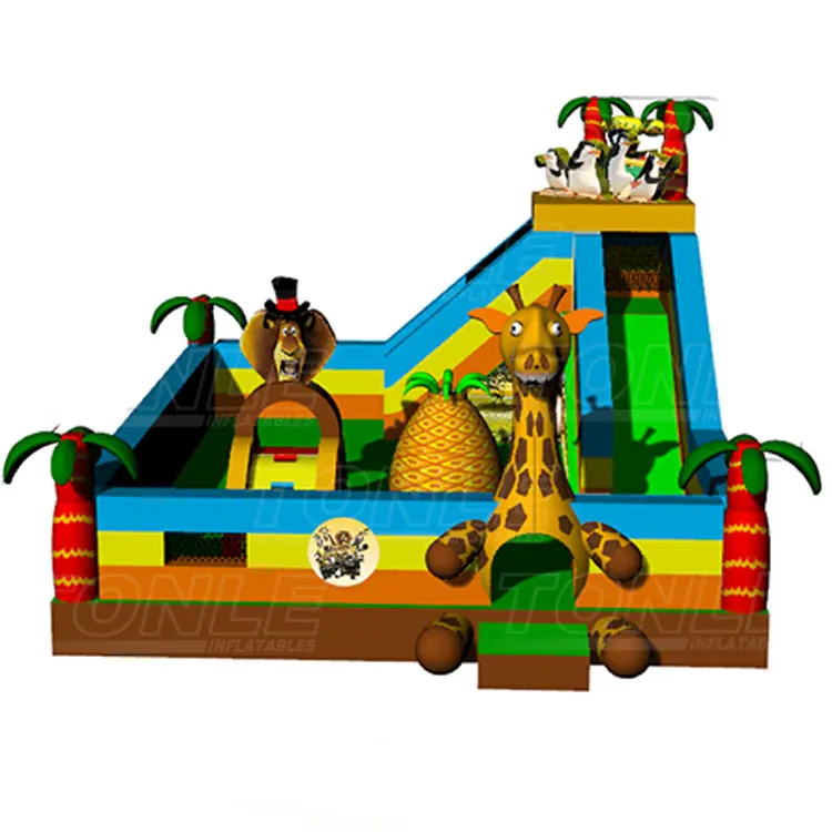 8x6m jungle themed inflatable playground with giraffe and lion characters