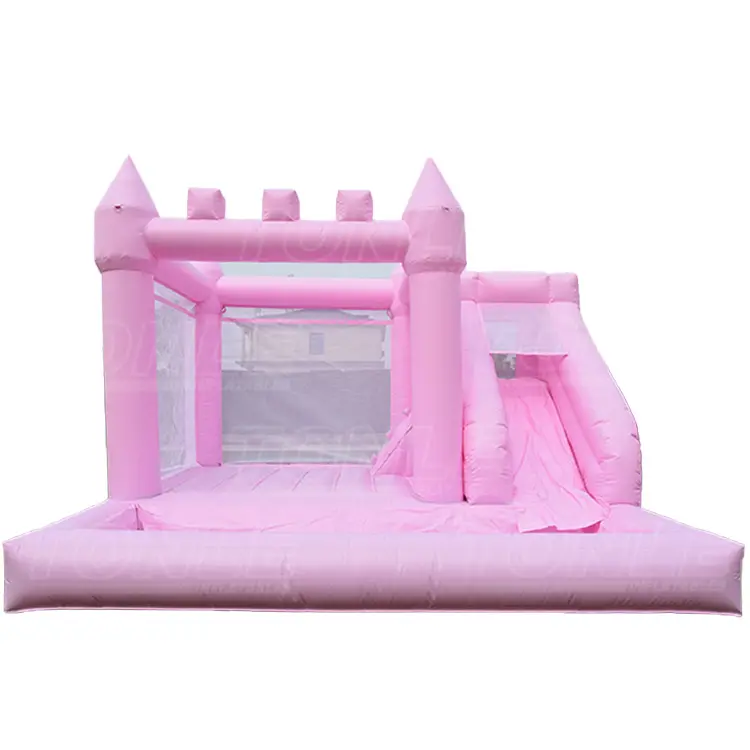 Customized macaron pink wedding slide with pool castle bounce house combo — photo 1