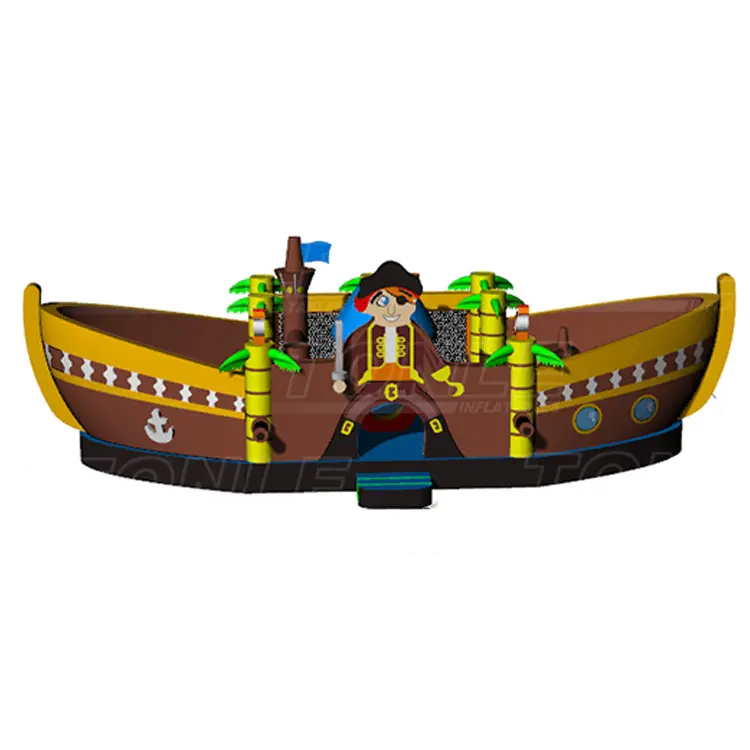 Brown and yellow pirate ship inflatable playground with central captain figure and palm trees
