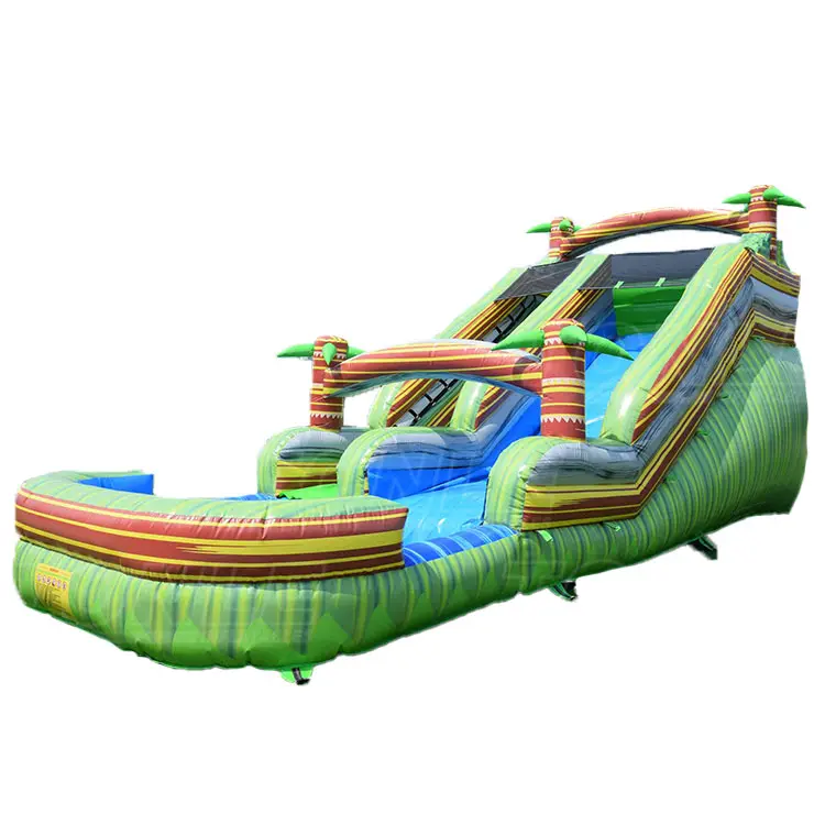 small kids cheap green inflatable plam tree jungle water slide with pool — photo 1