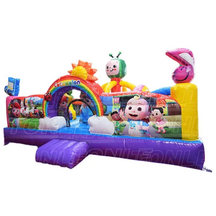 Cocomelon themed Baby House Playground inflatable with rainbow arch and purple base measuring 6x4.8m