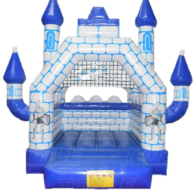 Front view of blue and white Lighthouse Theme Boys Castle with four turrets and knight graphics