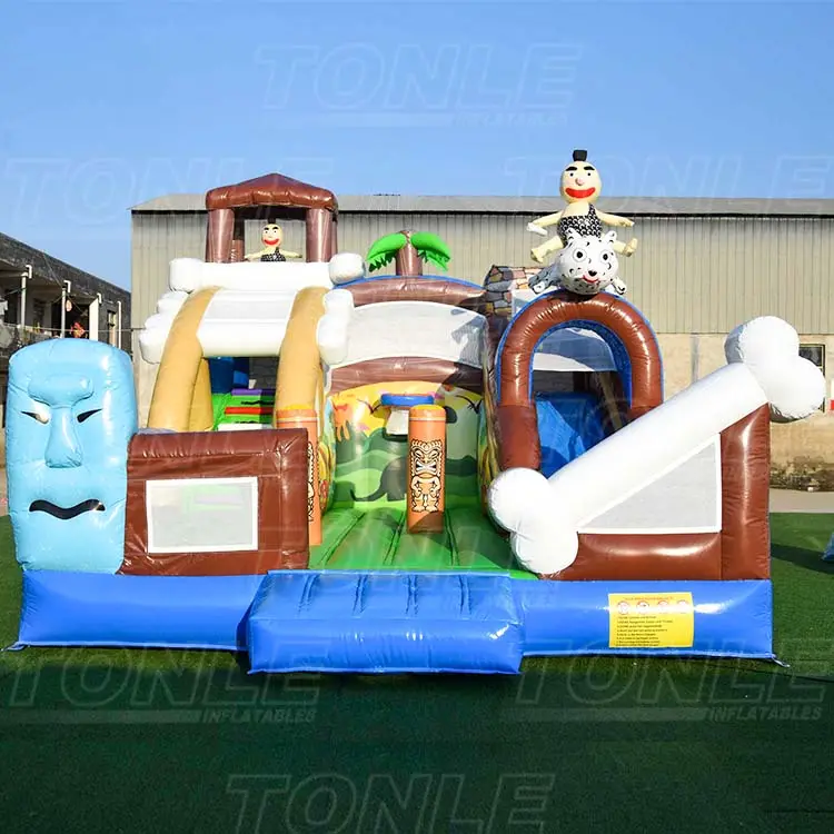 Front view of the 7x5m Monster Mask Playground featuring a large blue face and white bone element
