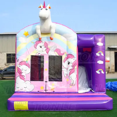 Commercial unicorn theme kids inflatable bounce house with dry slide for sale