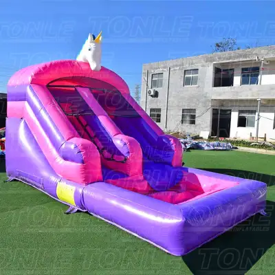 Hot selling unicorn theme kids small cheap inflatable water slide