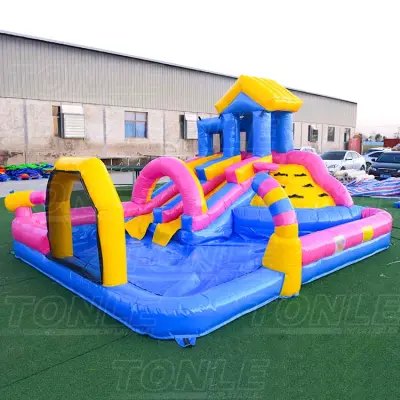 Custom small backyard inflatable water slide with rock climbing, small water gun for kids