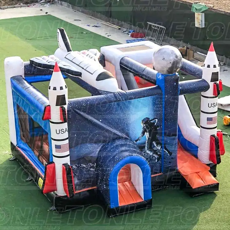 Customized outer space rocket theme moonwalk inflatable castle with dry slide combo — photo 1