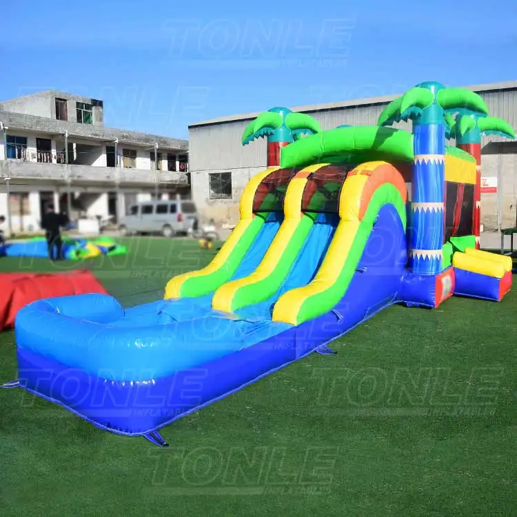 double lane slide palm tree theme inflatable bounce house water slide combo for sale — photo 1