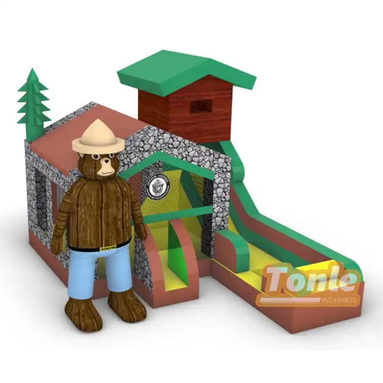 Forest cabin animal theme children's inflatable bounce house water slide combo — photo 1