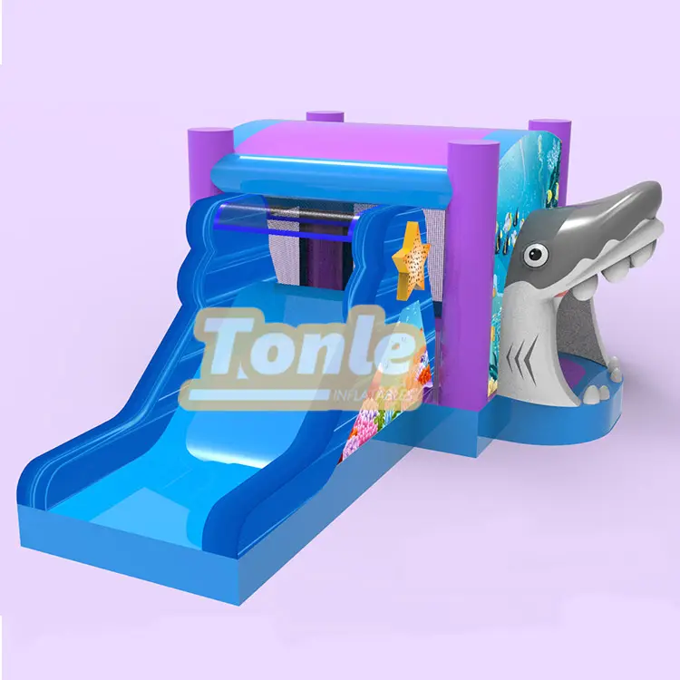 ocean world inflatable shark bouncer slide combo with pool for kids — photo 1