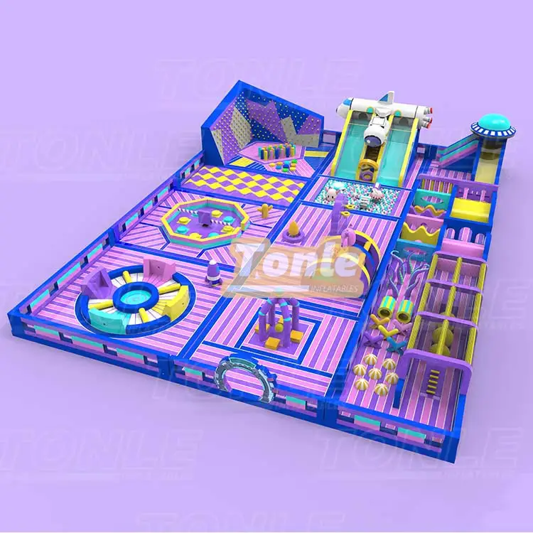 Dreamful plane theme fun city 40x30m inflatable park with purple and blue color scheme featuring airplane slide and trampoline zones