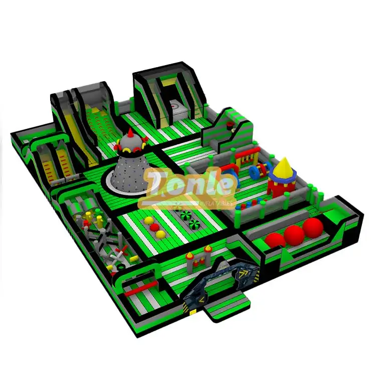 30x20m inflatable fun park with green and black stripes and central volcano structure