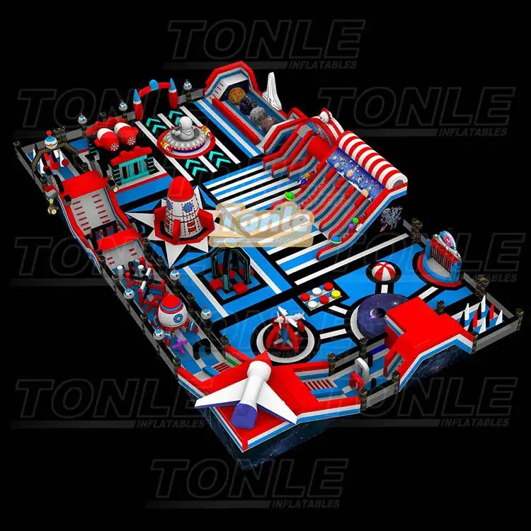 Red white and blue 38x22m spaceship themed inflatable fun city with rocket towers