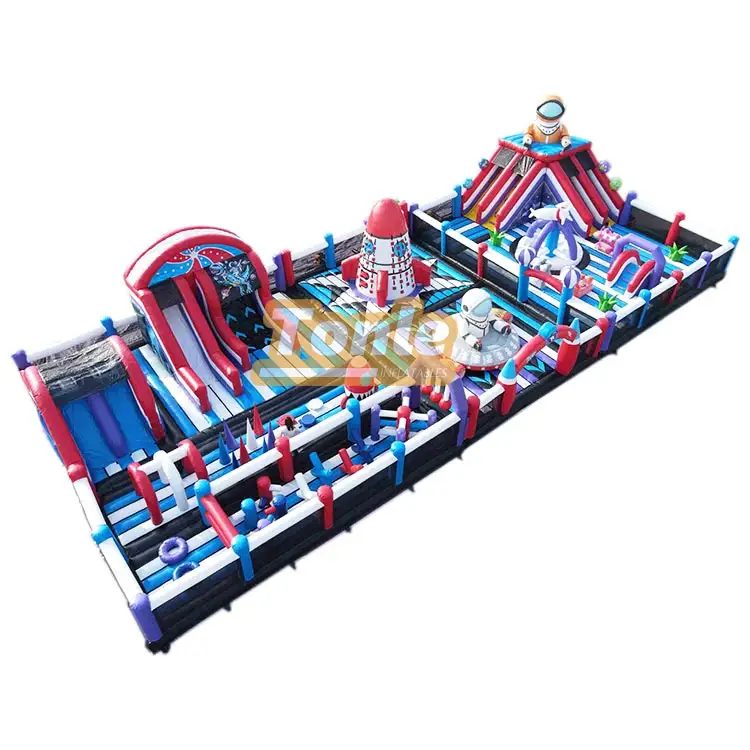 Fly to Space Theme Park inflatable obstacle course featuring red white and blue colors with astronaut and rocket decorations measuring 28m long