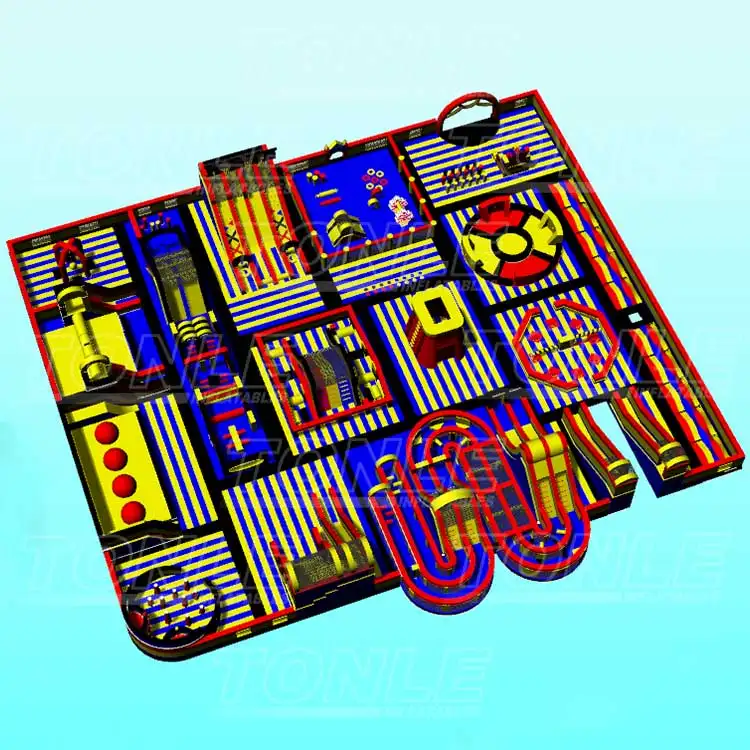Top-down view of a 40x40.5m inflatable theme park with red, blue, and yellow striped obstacles and slides