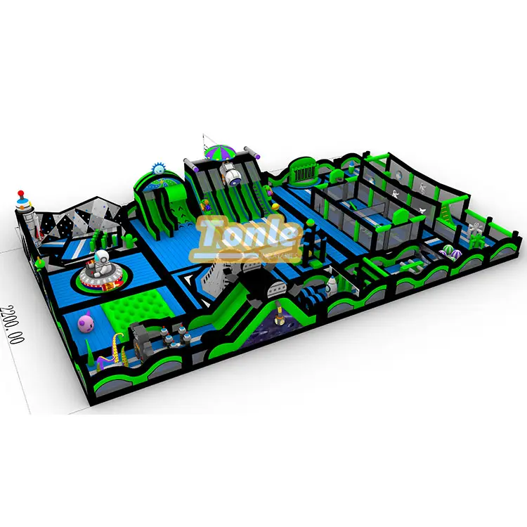 38m Space Planet Theme Park inflatable with green slides and blue jumping areas