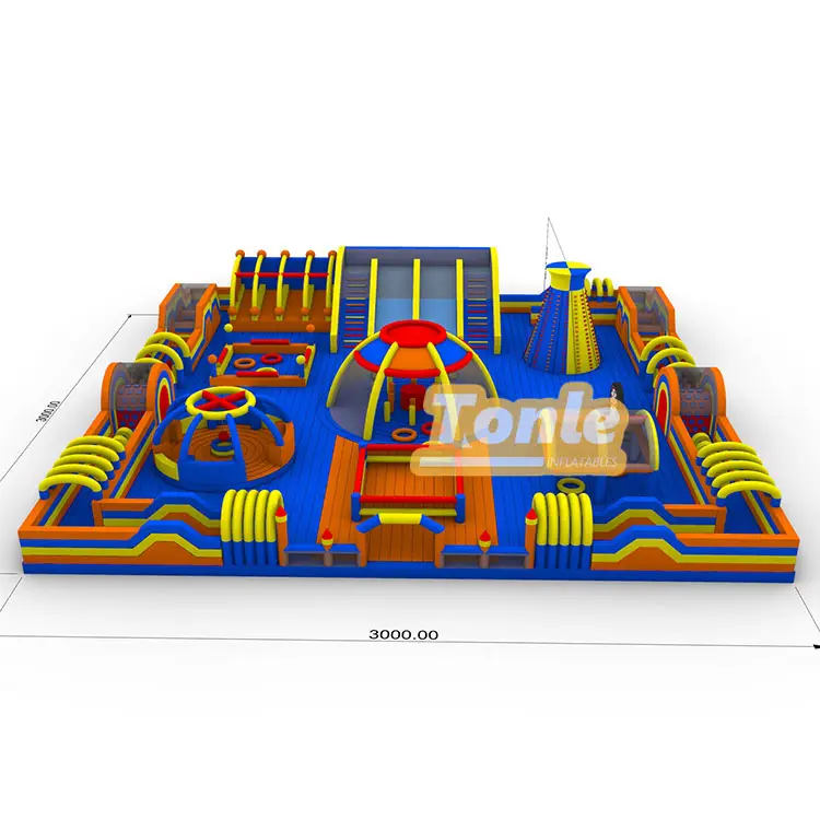 Blue world theme fun city inflatable playground 30x30m overview showing slides and climbing towers