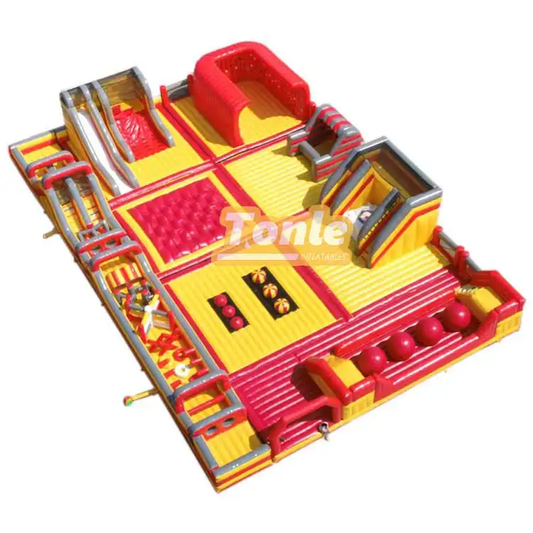 30x20m red and yellow inflatable fun park with slides and obstacles