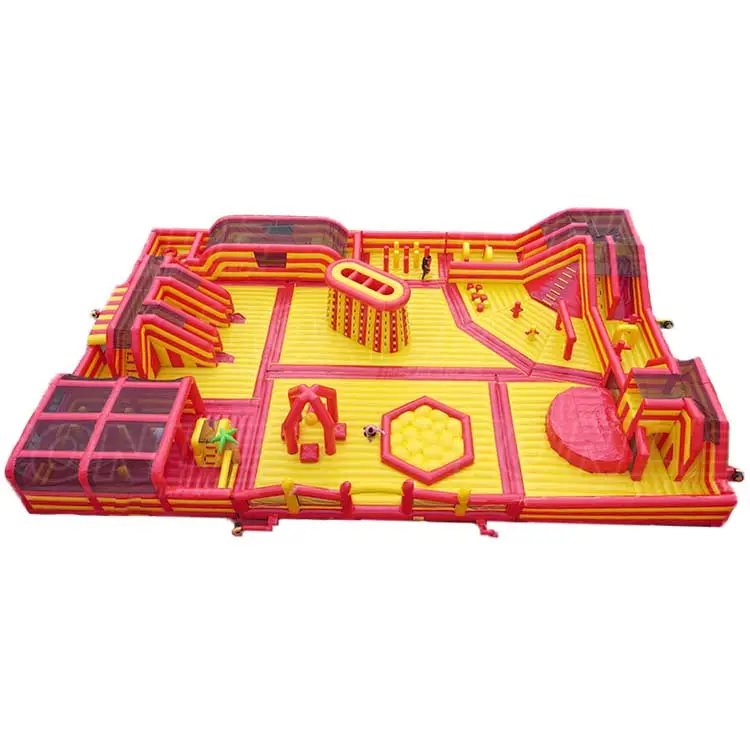 Red and yellow 30x20m inflatable fun park with slides and ball pit