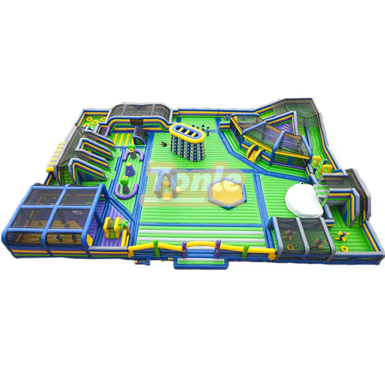 Tranquility World Theme Park 35x25m inflatable playground with green base and blue obstacles