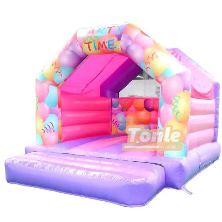 Pink and purple Party Time girl castle bouncy house with balloon graphics