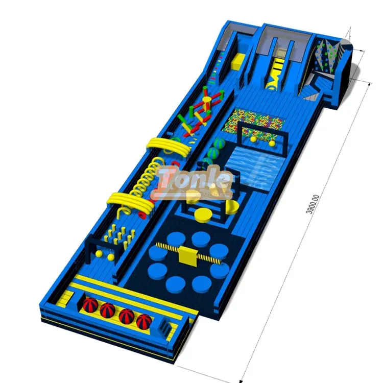 Blue and yellow 39m inflatable fun city with obstacle courses and slides