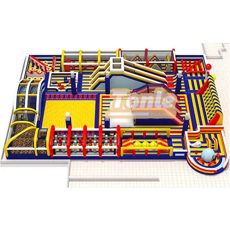 30x20m custom inflatable theme park with blue yellow and red zones