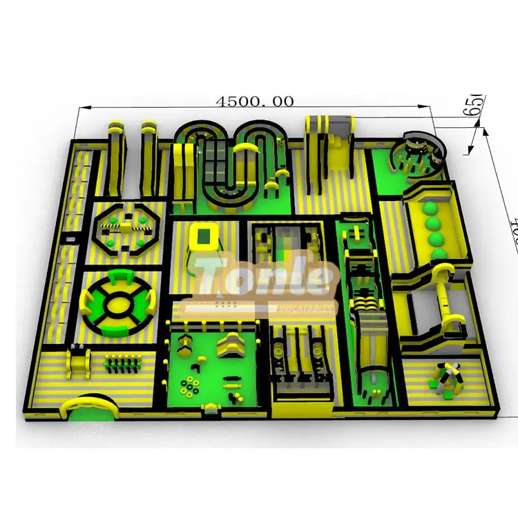 Top-down schematic of 45x40.5m City Life inflatable fun park with yellow and green obstacles