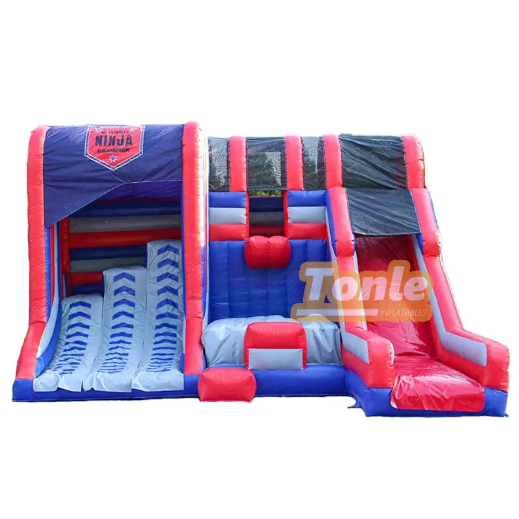 Red and blue Ninja themed inflatable obstacle course with climbing wall and slide, 5.8x8.1m size