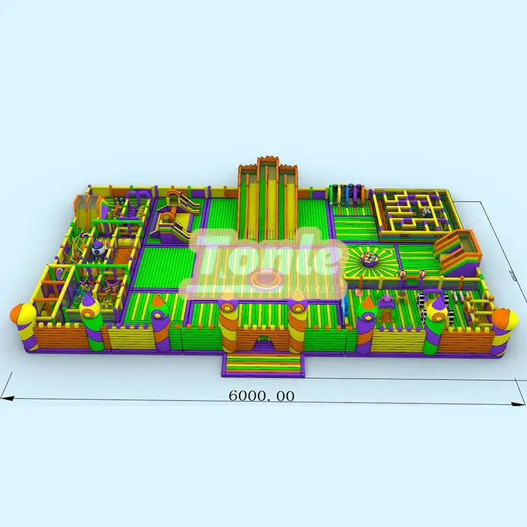 40x60m inflatable fun city with green slides and purple maze zones