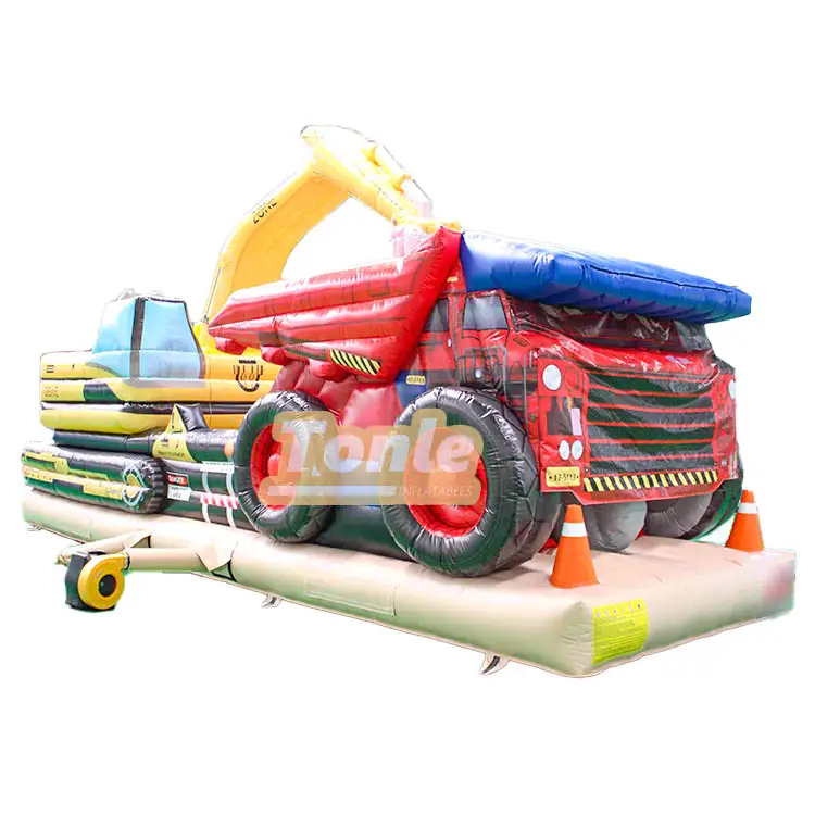 Side view of 9m excavator theme inflatable obstacle course with red dump truck and yellow digger arm