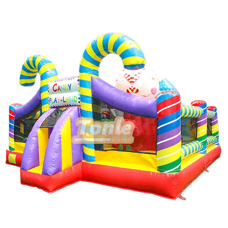 Happy Candy House Amusement Park inflatable with purple slide and yellow blue striped arches