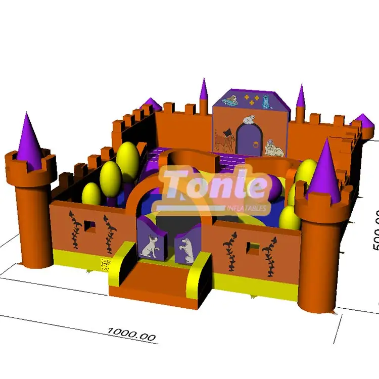 Orange and purple Animal World Theme Park inflatable castle 10x10m with conical turrets