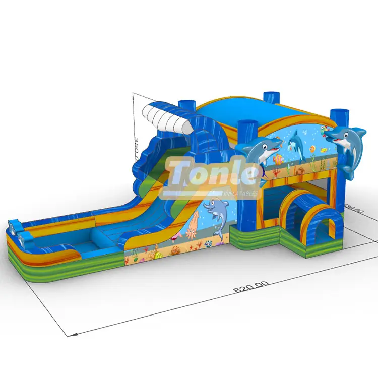 Colorful wave dolphin theme inflatable bounce house water slide combo — photo 1